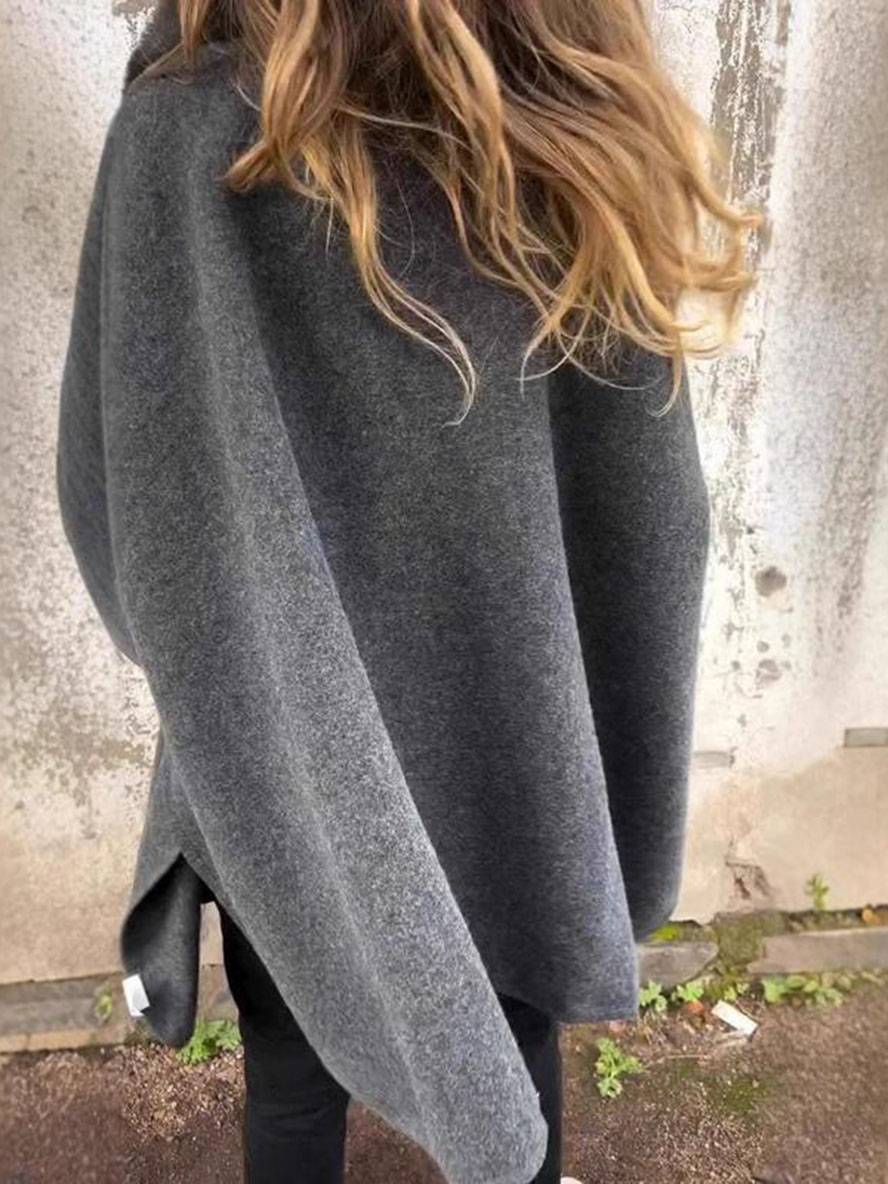 Aurohaya Women's Mid Length Faux Fur Collar Poncho Coat Long Sleeves Elegant Casual Oversized Solid