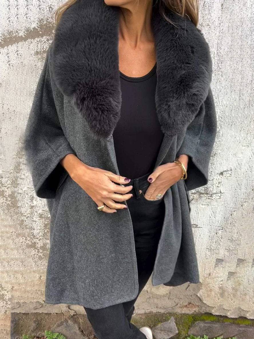 Aurohaya Women's Mid Length Faux Fur Collar Poncho Coat Long Sleeves Elegant Casual Oversized Solid