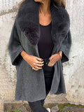 Aurohaya Women's Mid Length Faux Fur Collar Poncho Coat Long Sleeves Elegant Casual Oversized Solid