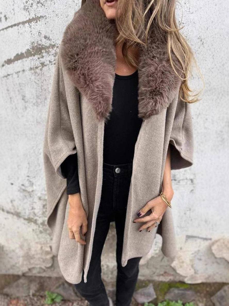 Aurohaya Women's Mid Length Faux Fur Collar Poncho Coat Long Sleeves Elegant Casual Oversized Solid