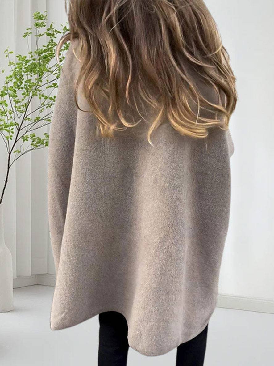 Aurohaya Women's Mid Length Faux Fur Collar Poncho Coat Long Sleeves Elegant Casual Oversized Solid
