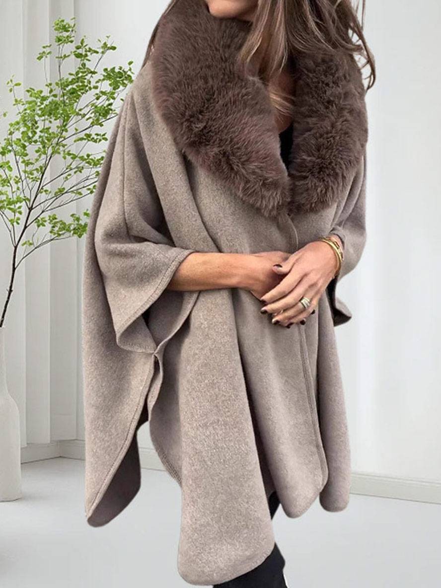 Aurohaya Women's Mid Length Faux Fur Collar Poncho Coat Long Sleeves Elegant Casual Oversized Solid