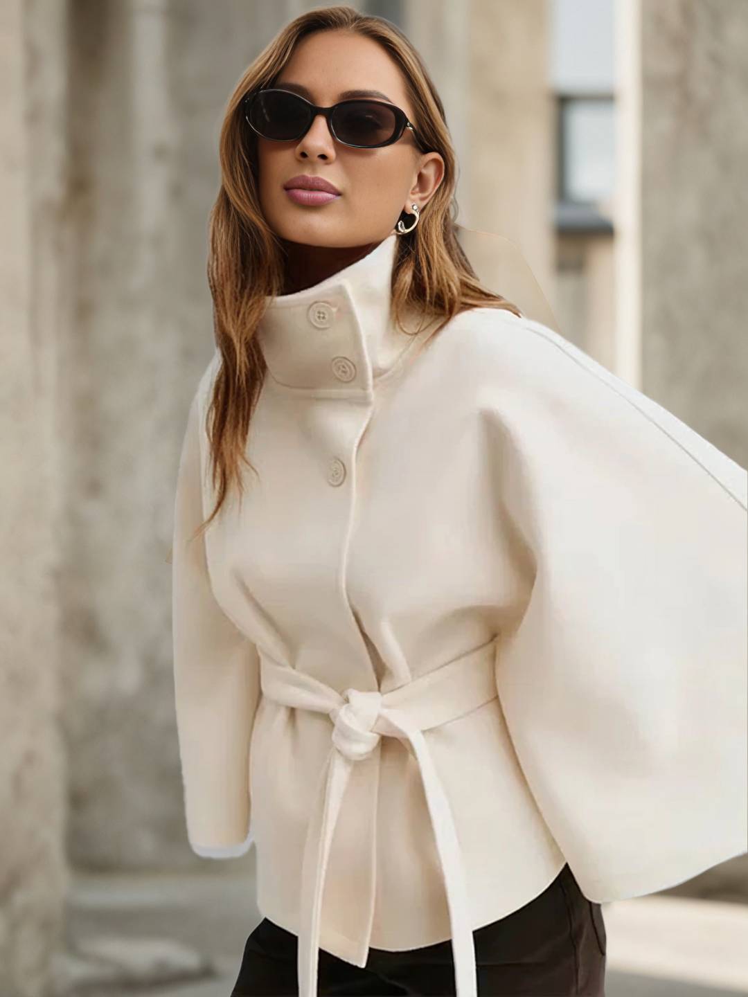 Aurohaya Chic Women's Wool Poncho Coat with Belt and High Collar, Casual Oversized Cape Jacket