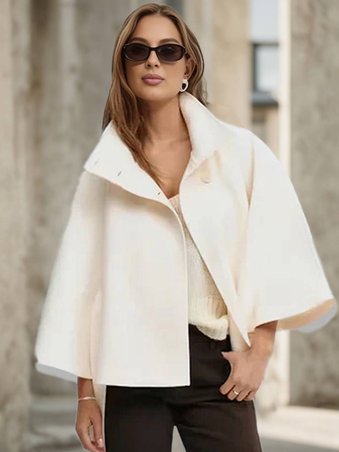 Aurohaya Chic Women's Wool Poncho Coat with Belt and High Collar, Casual Oversized Cape Jacket