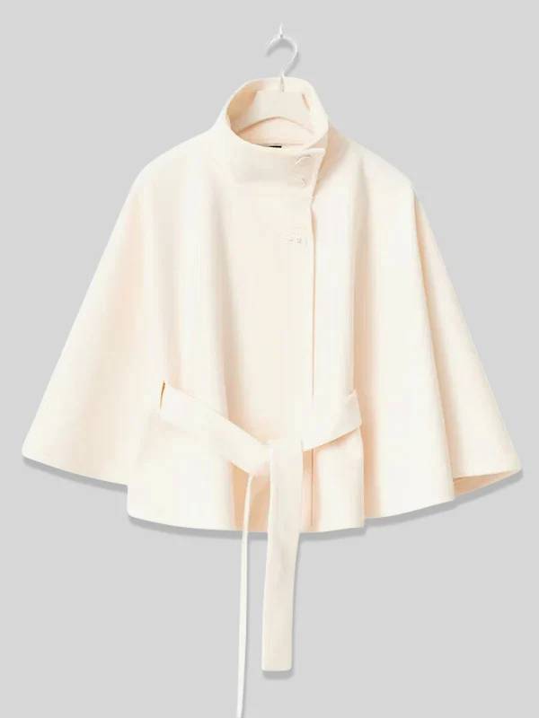 Aurohaya Chic Women's Wool Poncho Coat with Belt and High Collar, Casual Oversized Cape Jacket