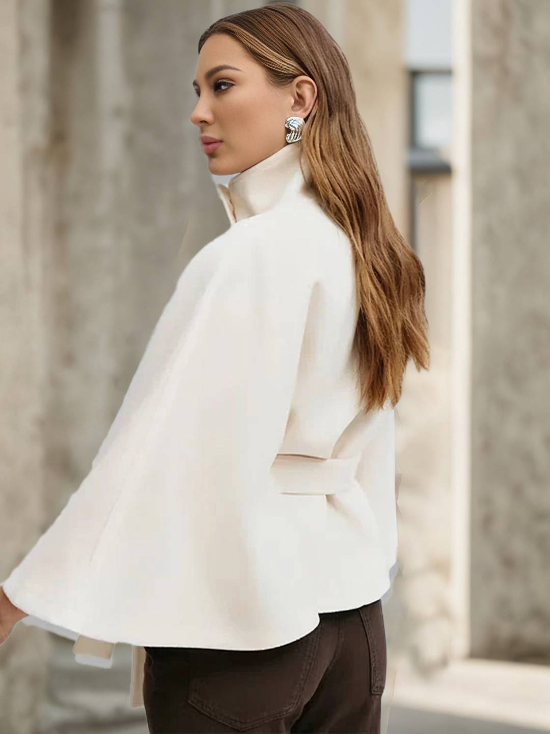 Aurohaya Chic Women's Wool Poncho Coat with Belt and High Collar, Casual Oversized Cape Jacket