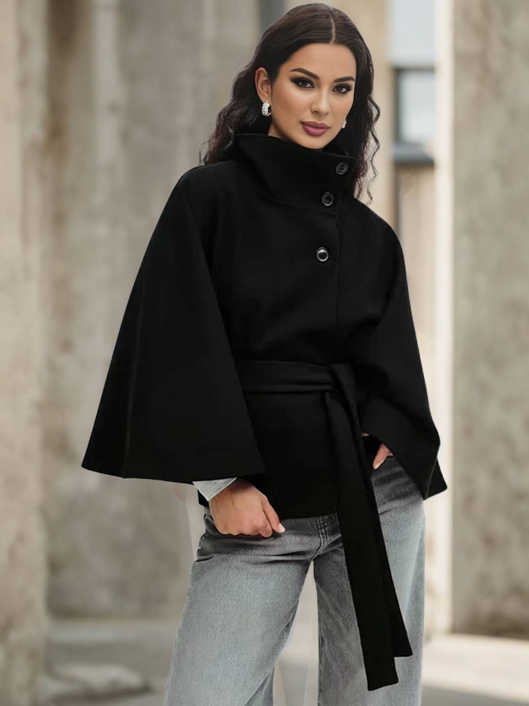 Aurohaya Chic Women's Wool Poncho Coat with Belt and High Collar, Casual Oversized Cape Jacket