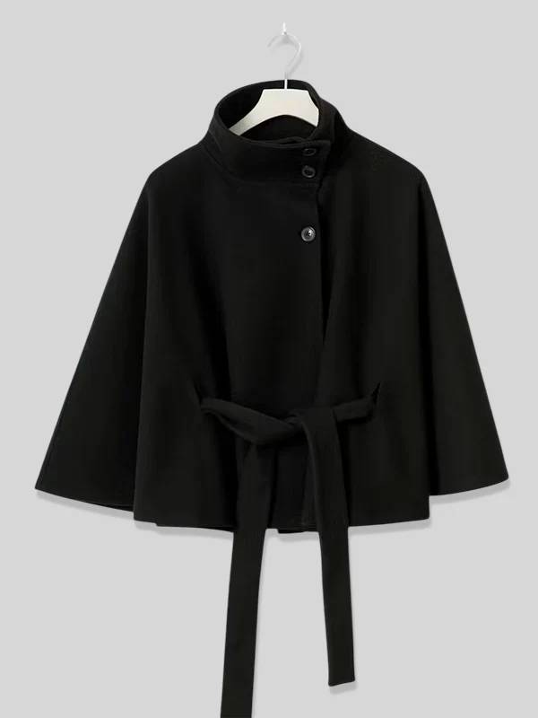 Aurohaya Chic Women's Wool Poncho Coat with Belt and High Collar, Casual Oversized Cape Jacket