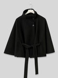 Aurohaya Chic Women's Wool Poncho Coat with Belt and High Collar, Casual Oversized Cape Jacket