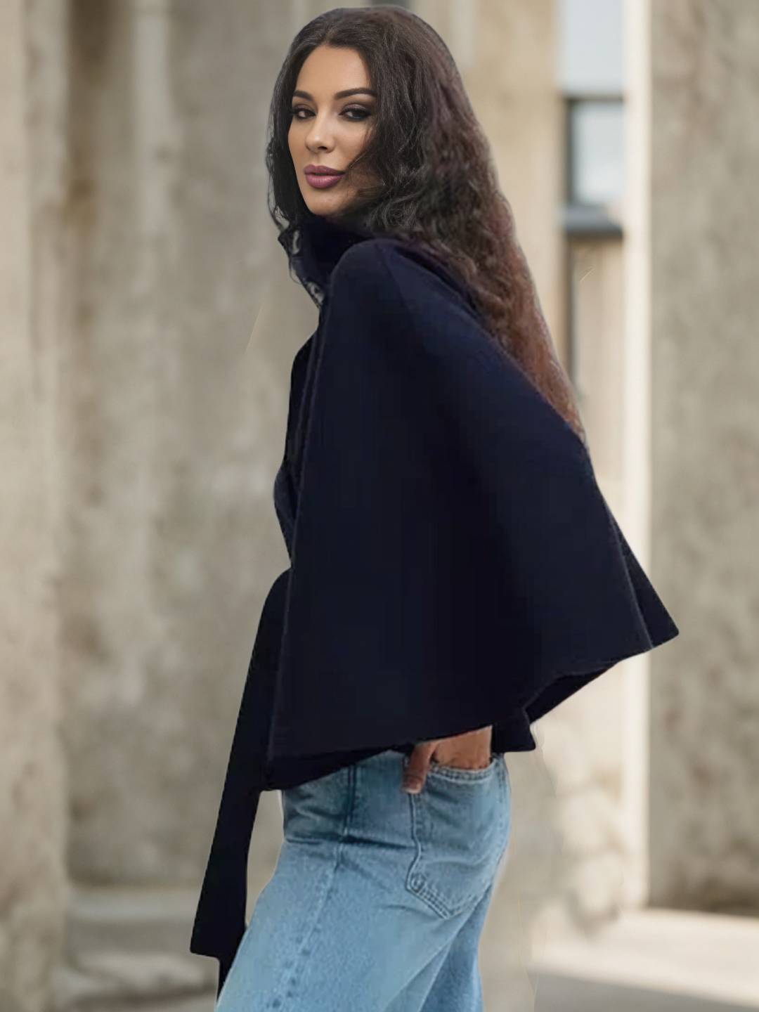 Aurohaya Chic Women's Wool Poncho Coat with Belt and High Collar, Casual Oversized Cape Jacket