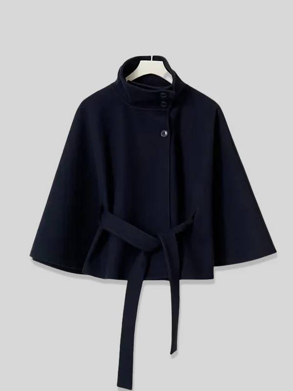 Aurohaya Chic Women's Wool Poncho Coat with Belt and High Collar, Casual Oversized Cape Jacket