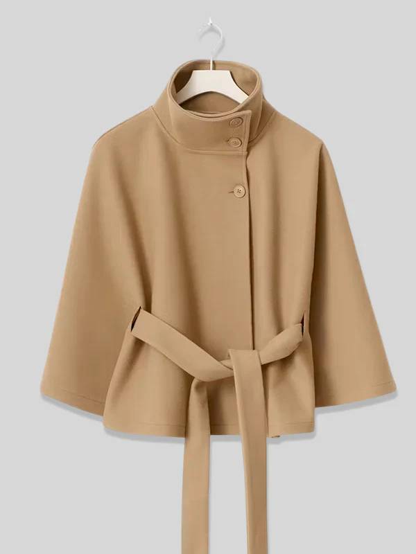 Aurohaya Chic Women's Wool Poncho Coat with Belt and High Collar, Casual Oversized Cape Jacket