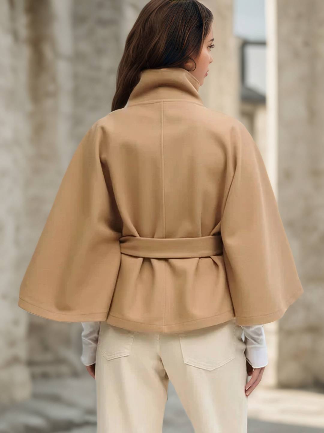 Aurohaya Chic Women's Wool Poncho Coat with Belt and High Collar, Casual Oversized Cape Jacket