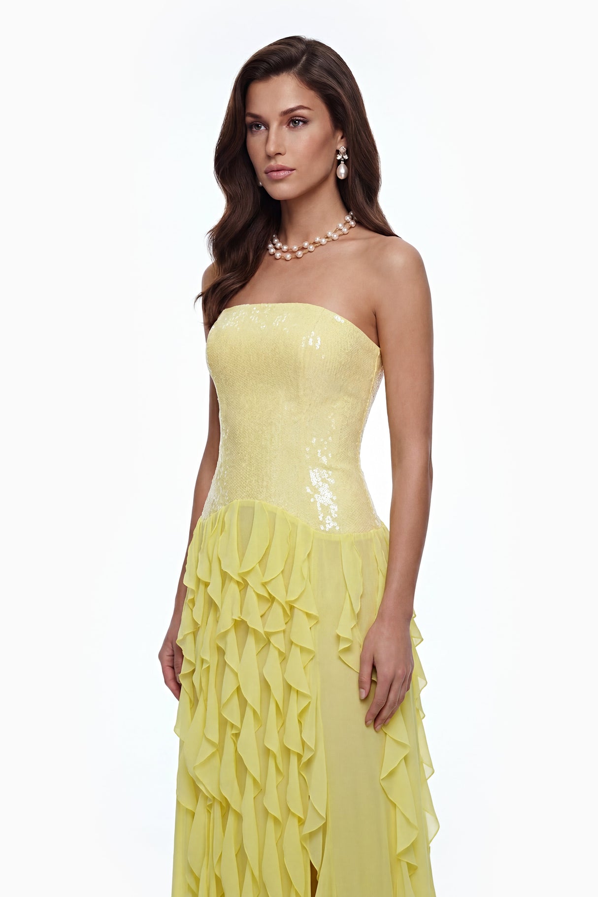 Aurohaya Caelia Yellow Off Shoulder Maxi Dress with Slit