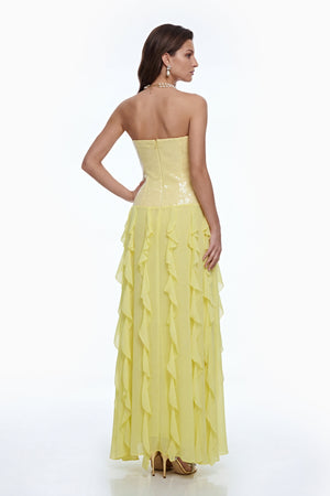Aurohaya Caelia Yellow Off Shoulder Maxi Dress with Slit
