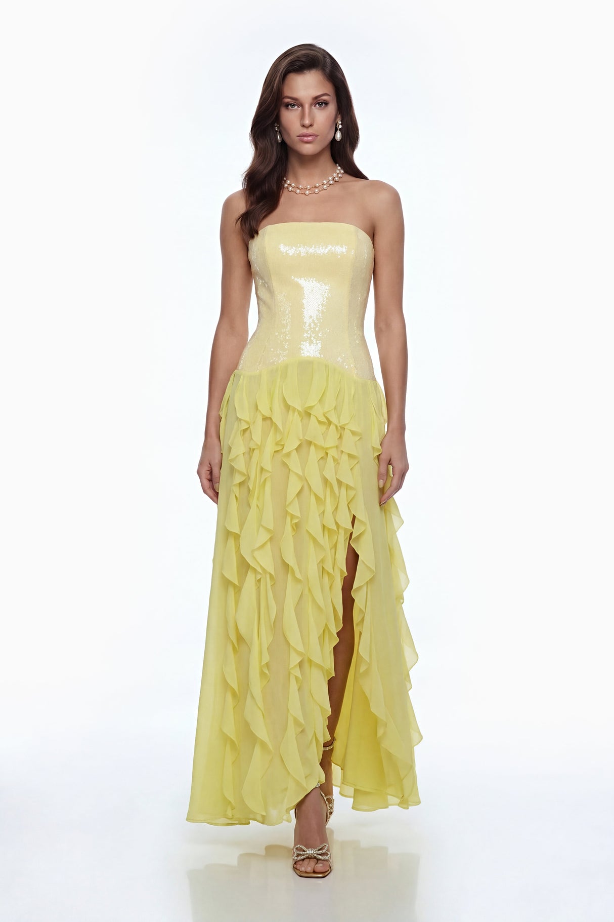 Aurohaya Caelia Yellow Off Shoulder Maxi Dress with Slit