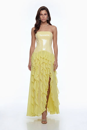 Aurohaya Caelia Yellow Off Shoulder Maxi Dress with Slit