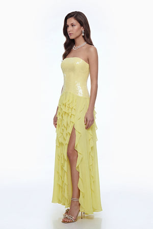 Aurohaya Caelia Yellow Off Shoulder Maxi Dress with Slit