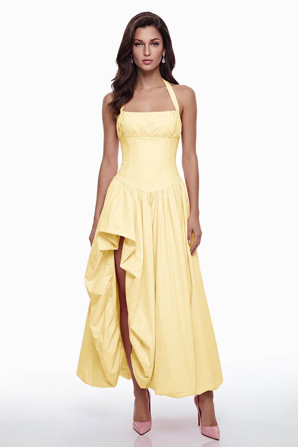Aurohaya Caiya Yellow Sleeveless Maxi Dress with Slit