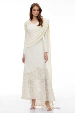 Aurohaya Calanthe Champagne Floral Lace Maxi Dress with Ribbon Detail