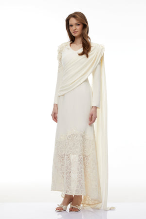 Aurohaya Calanthe Champagne Floral Lace Maxi Dress with Ribbon Detail