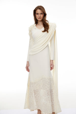 Aurohaya Calanthe Champagne Floral Lace Maxi Dress with Ribbon Detail
