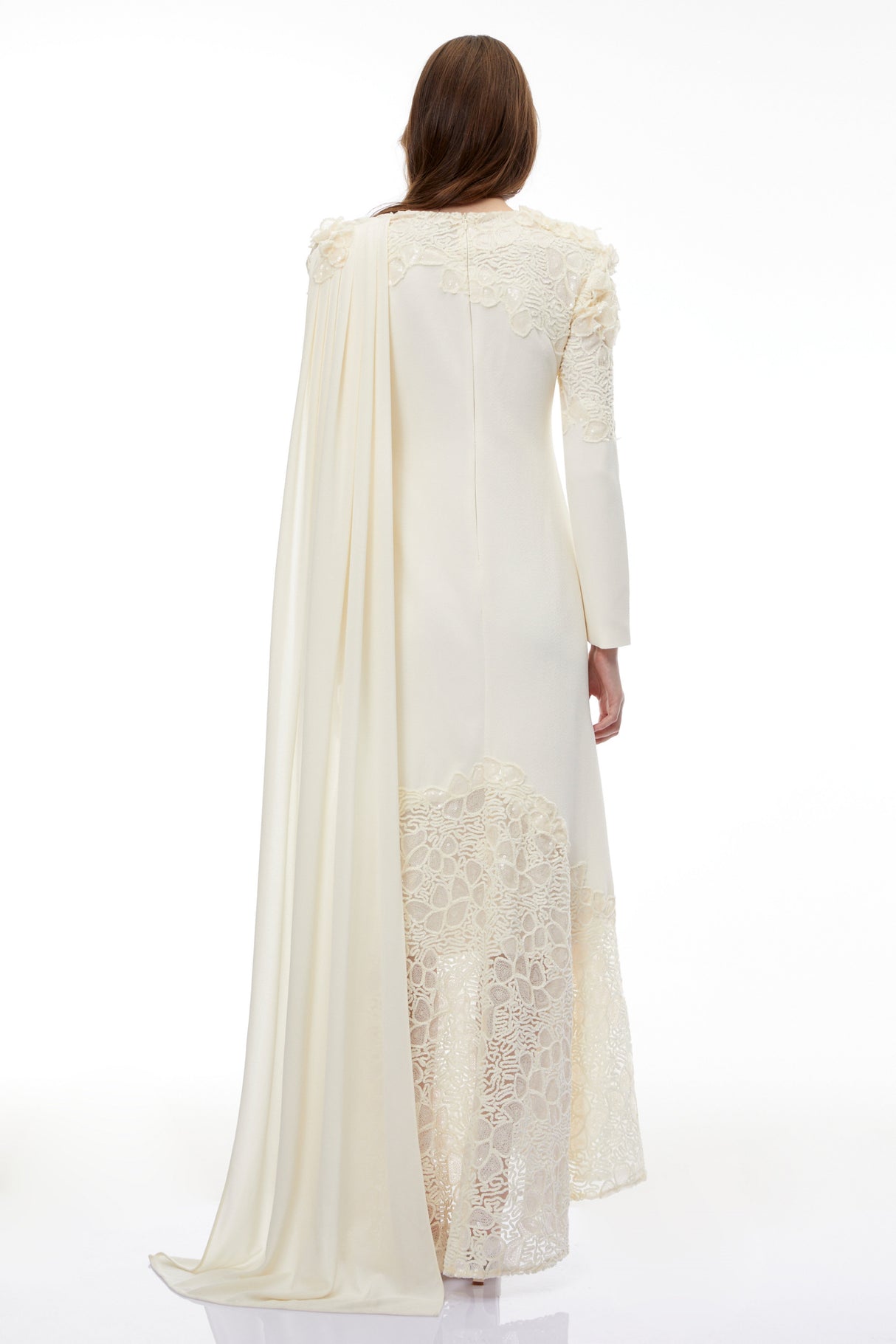Aurohaya Calanthe Champagne Floral Lace Maxi Dress with Ribbon Detail