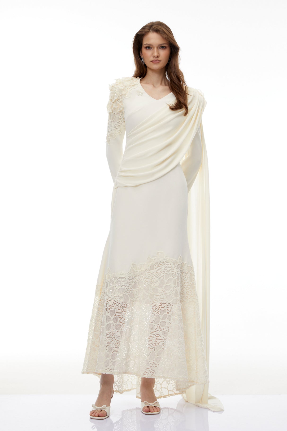 Aurohaya Calanthe Champagne Floral Lace Maxi Dress with Ribbon Detail