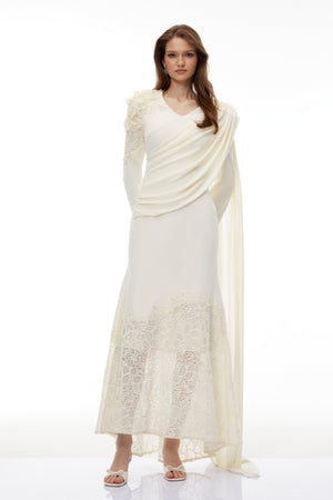 Aurohaya Calanthe Champagne Floral Lace Maxi Dress with Ribbon Detail