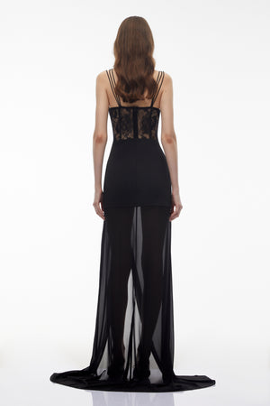 Aurohaya Callirhoe Black Sheer Lace Corset Maxi Dress