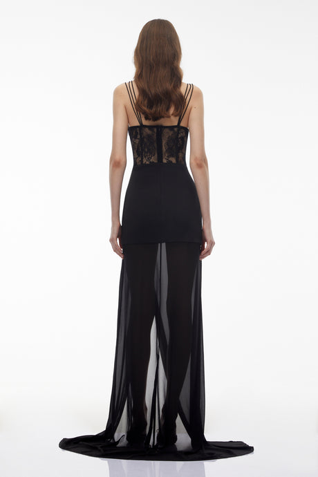 Aurohaya Callirhoe Black Sheer Lace Corset Maxi Dress