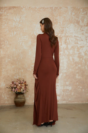 Aurohaya Cambria Brown Ruched Maxi Dress with Metal Buckle