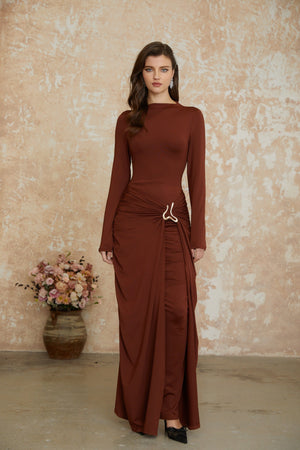 Aurohaya Cambria Brown Ruched Maxi Dress with Metal Buckle
