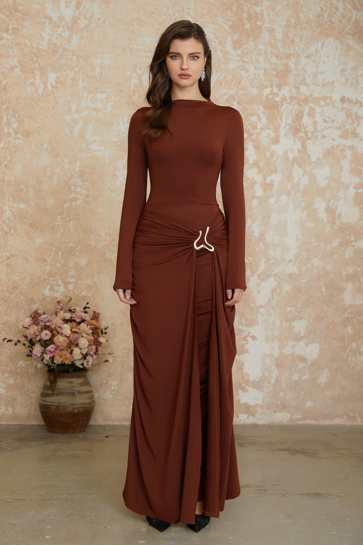 Aurohaya Cambria Brown Ruched Maxi Dress with Metal Buckle