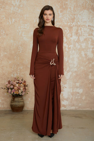 Aurohaya Cambria Brown Ruched Maxi Dress with Metal Buckle