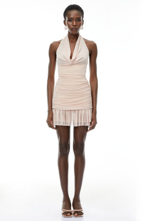 Aurohaya Camille Pink Halterneck Ruched Mini Dress