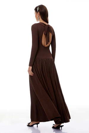 Aurohaya Campagne Brown Open-Back Shirred Maxi Dress