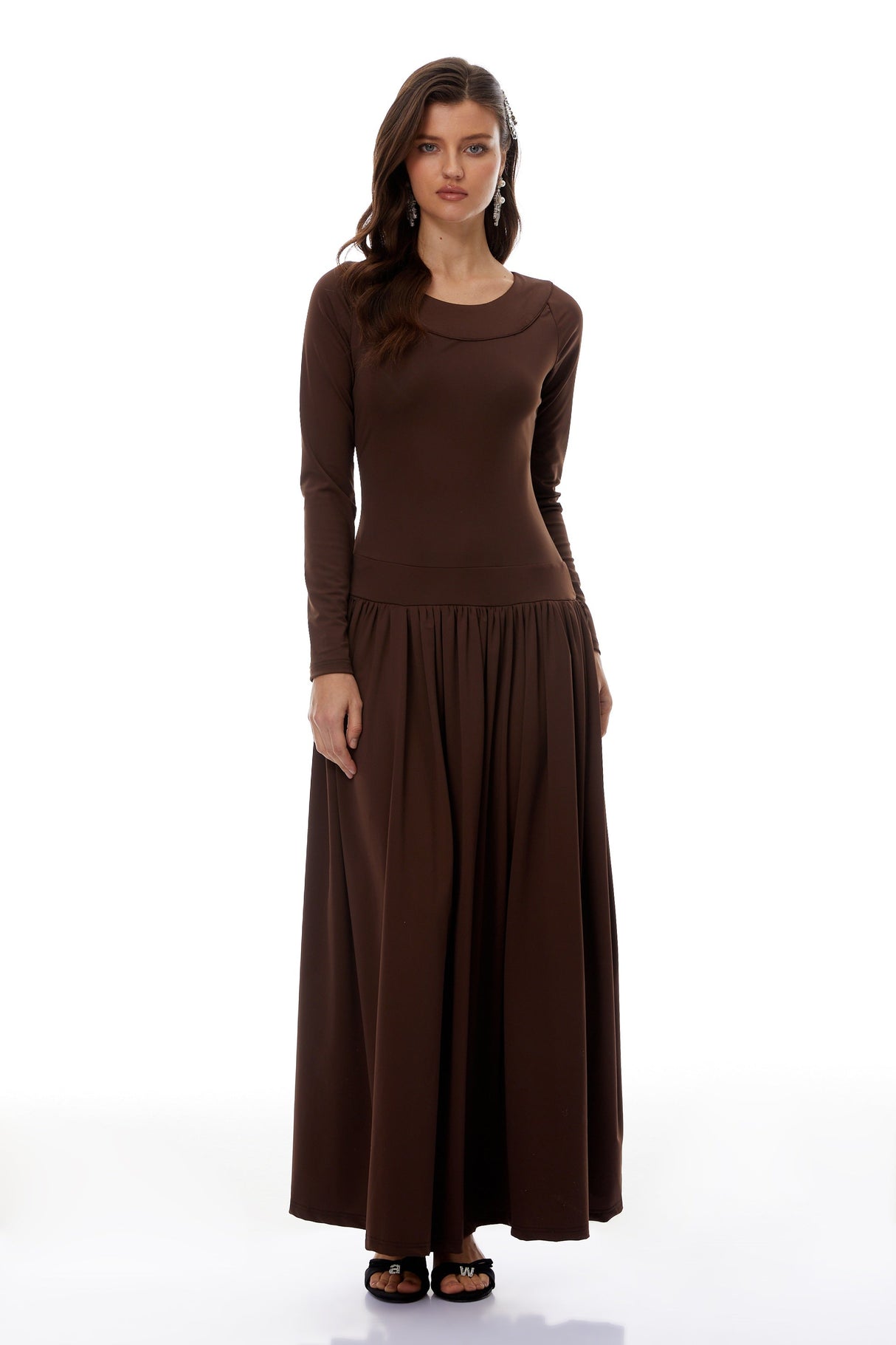 Aurohaya Campagne Brown Open-Back Shirred Maxi Dress