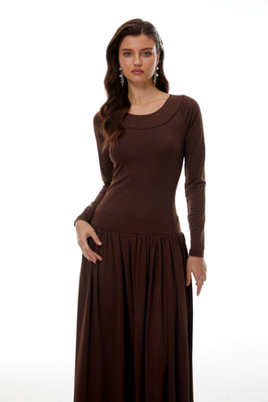 Aurohaya Campagne Brown Open-Back Shirred Maxi Dress