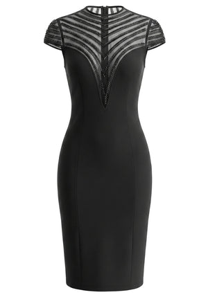 Cap Sleeve Embellished Mesh Midi Dress Black