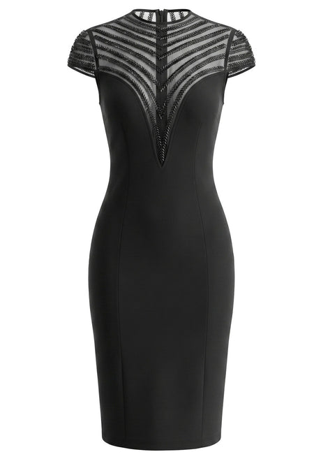 Cap Sleeve Embellished Mesh Midi Dress Black