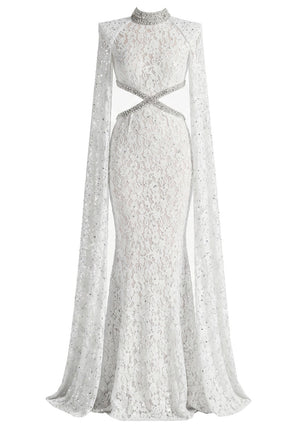 Lace Cape Sleeve Crystal Cut Out Maxi Dress White