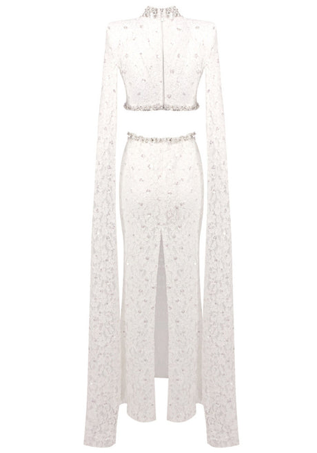 Cape Sleeve Crystal Lace Maxi Dress White