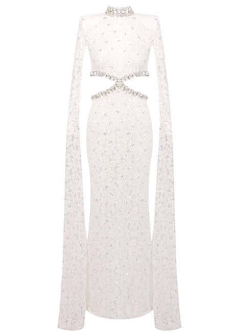 Cape Sleeve Crystal Lace Maxi Dress White
