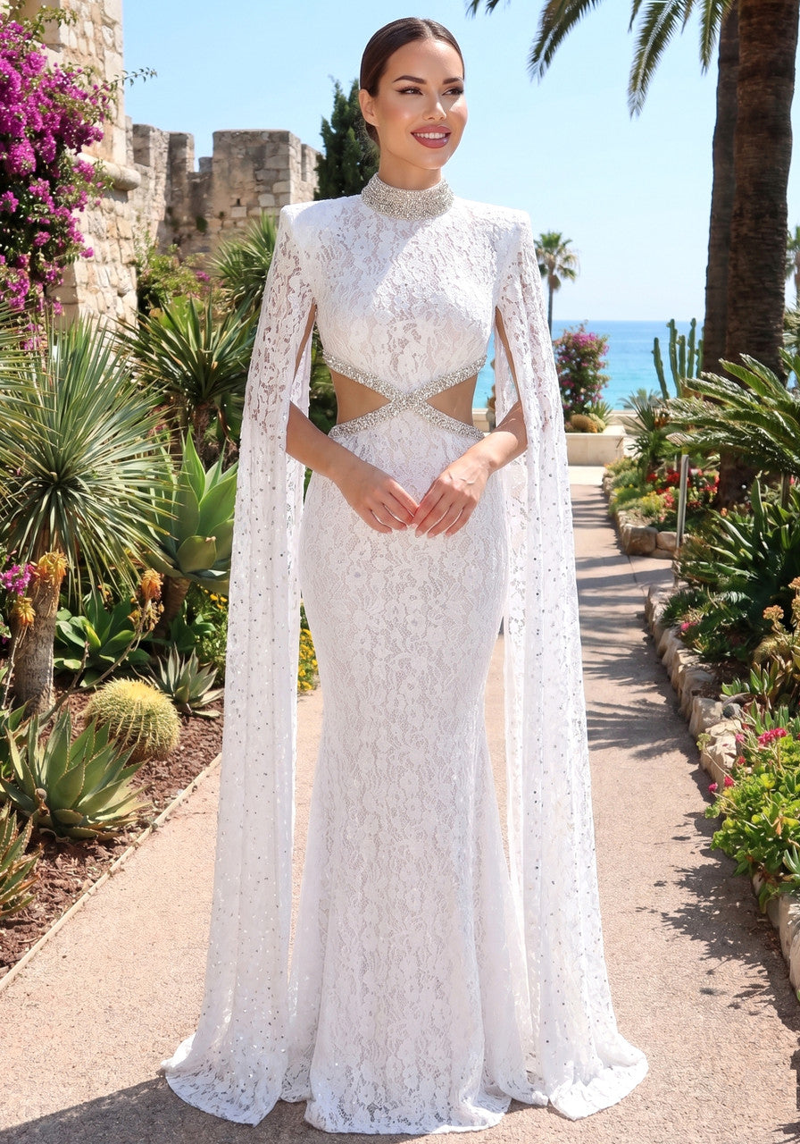 Lace Cape Sleeve Crystal Cut Out Maxi Dress White