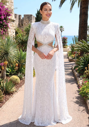 Lace Cape Sleeve Crystal Cut Out Maxi Dress White