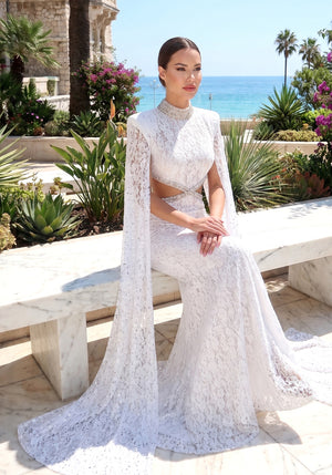 Lace Cape Sleeve Crystal Cut Out Maxi Dress White