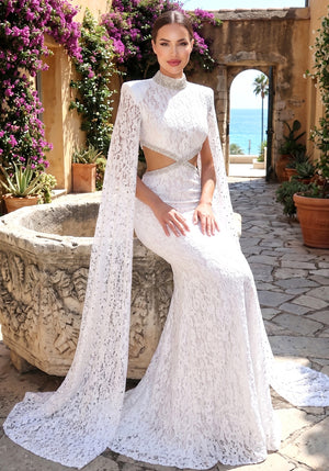 Lace Cape Sleeve Crystal Cut Out Maxi Dress White