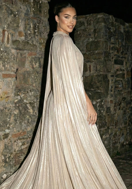 Cape Sleeve Pleated Maxi Dress Champagne