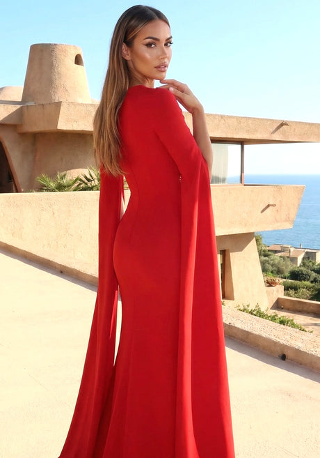 Cape Sleeve Star Detail Maxi Dress Red